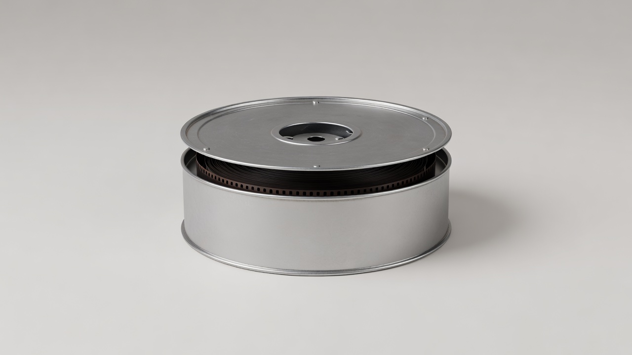Soft-lit 3D render of an unlabelled metal film reel canister on a plain backdrop