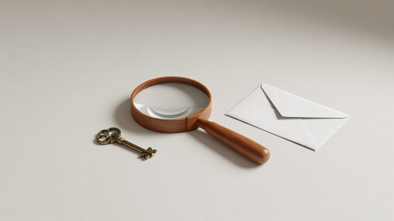 Soft-lit 3D render of a generic magnifying glass beside a small key and envelope on a plain backdrop