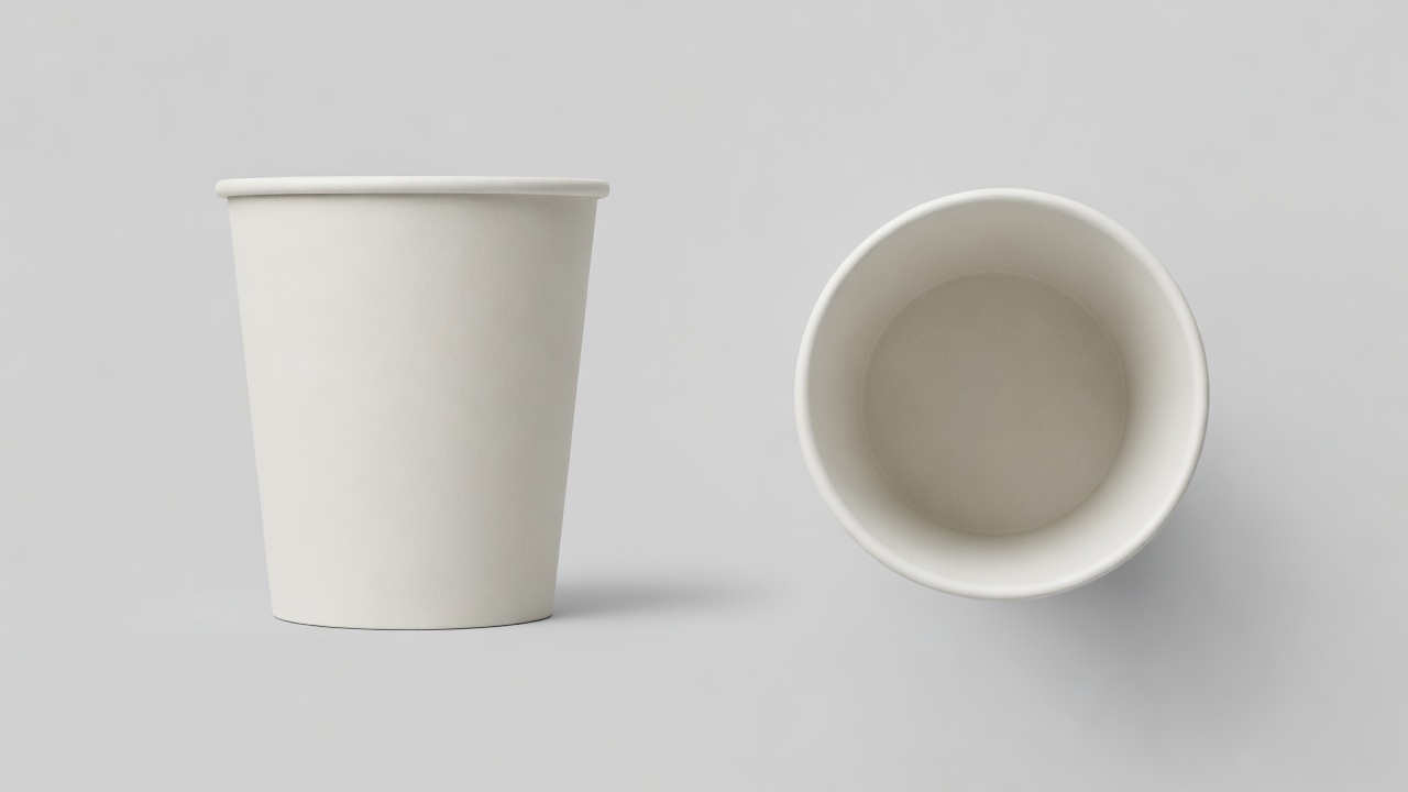 Soft-lit 3D render of a plain unbranded paper cup shown from two angles on a neutral backdrop