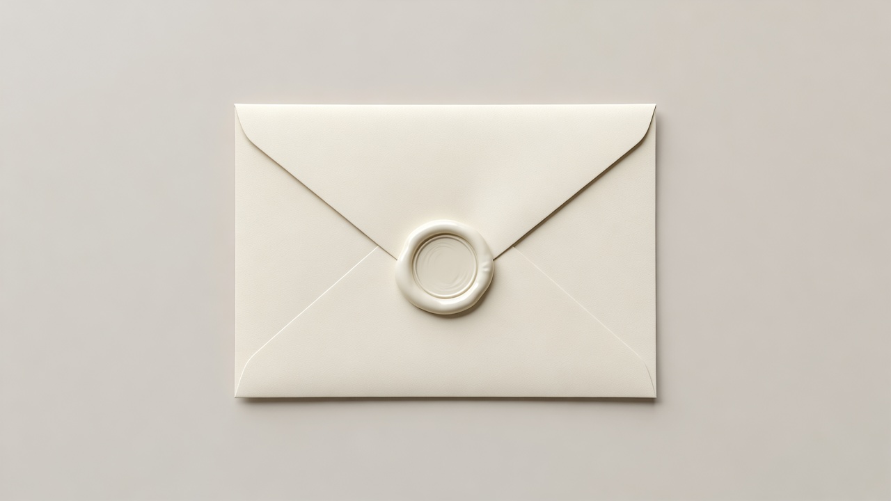 Soft-lit 3D render of a plain cream envelope sealed with unmarked wax on a neutral backdrop